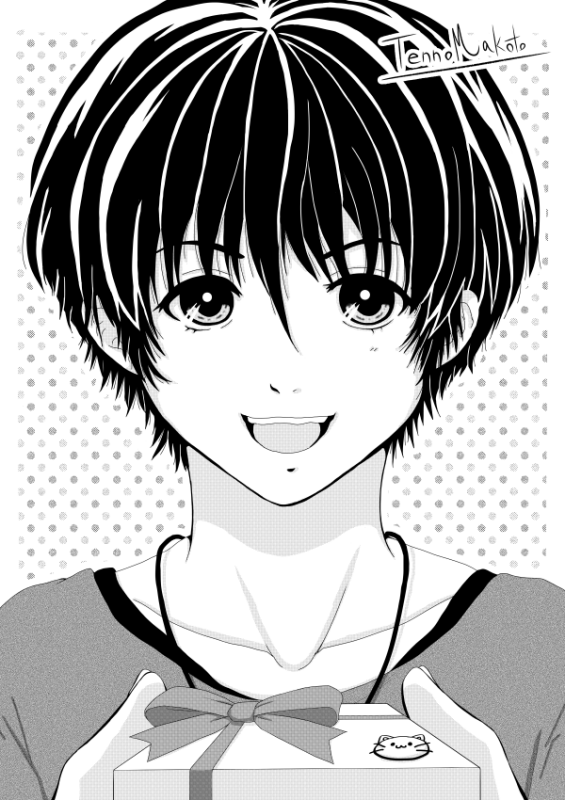 Collection No.004「ホワイトデー☆2025」『千の希望』イラストギャラリー お返しに笑顔で猫のクッキーのプレゼントを差し出しているイケメン男子のコールのおしゃれな手描きイラスト